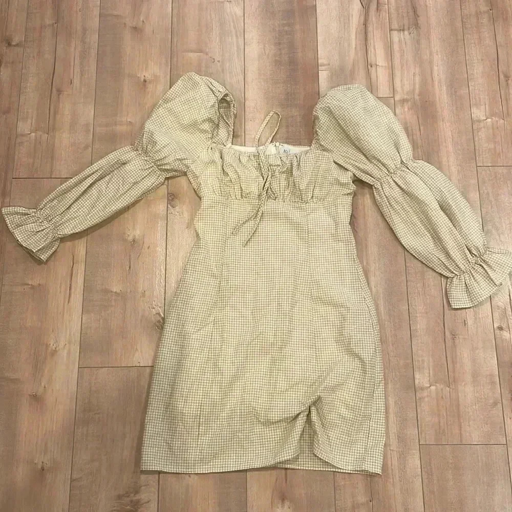 Destinaire Gingham Cream Mini Dress Puff Sleeves Sz S